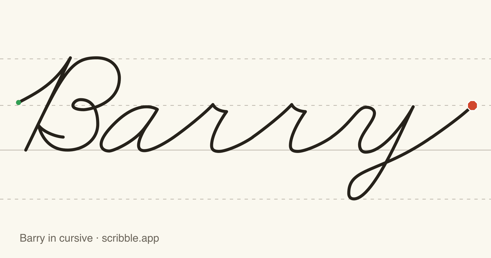 Barry written in cursive on handwriting guidelines, with a green starting dot and a red stop sign