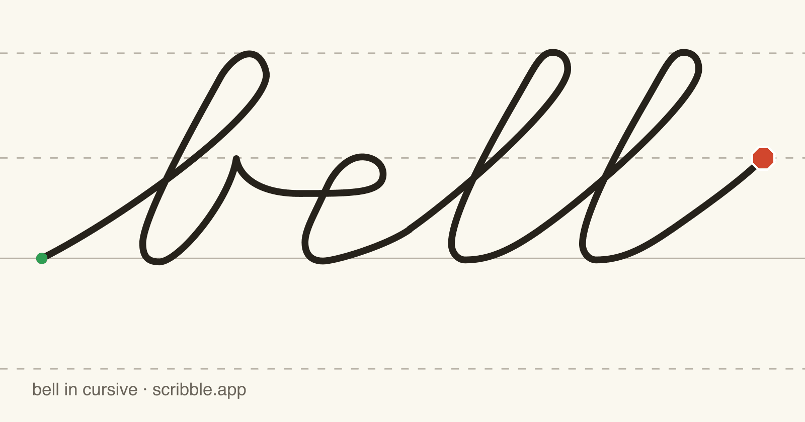 bell written in cursive on handwriting guidelines, with a green starting dot and a red stop sign