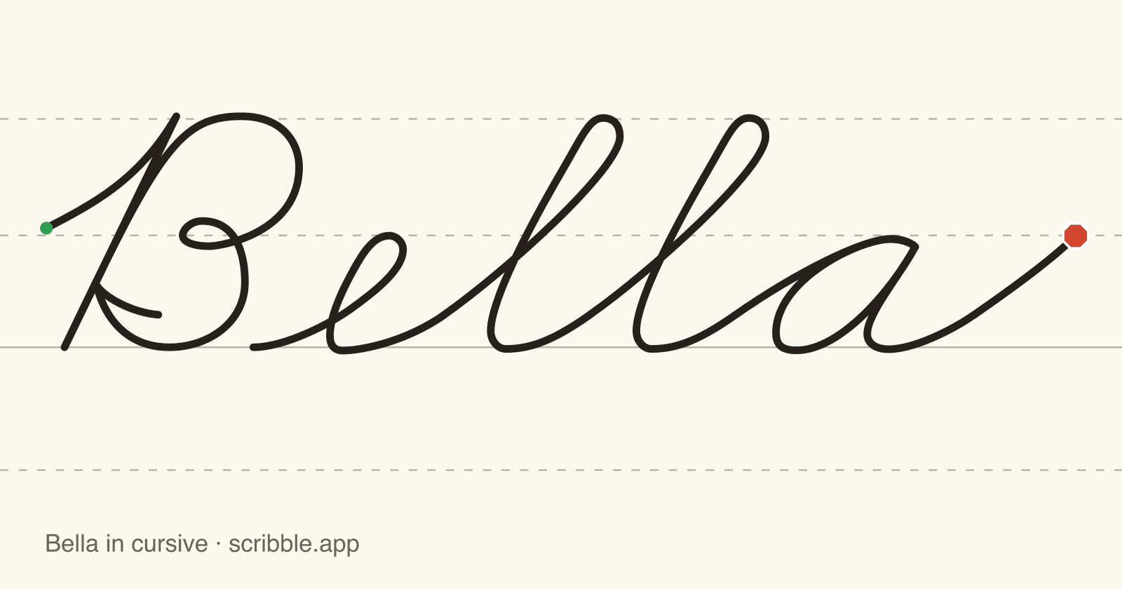 Bella written in cursive on handwriting guidelines, with a green starting dot and a red stop sign