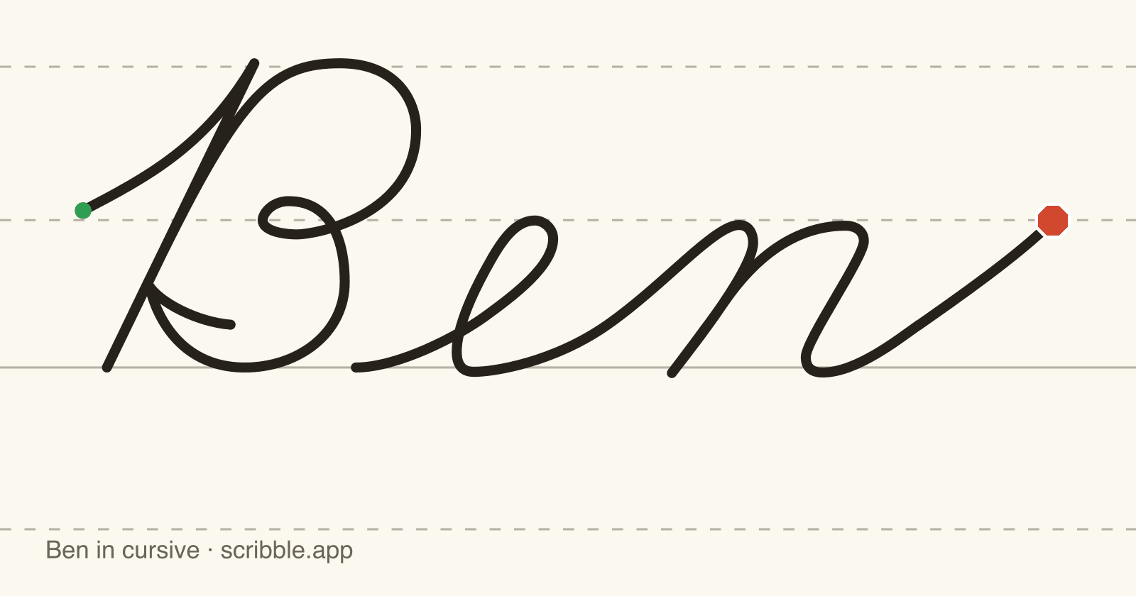 Ben written in cursive on handwriting guidelines, with a green starting dot and a red stop sign