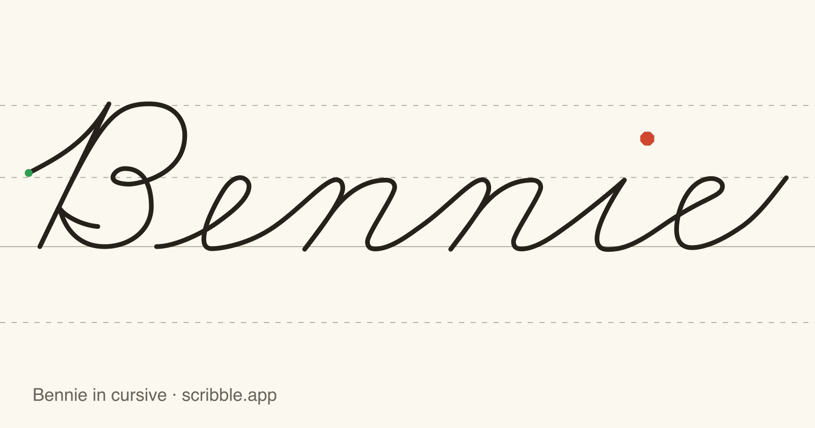 Bennie written in cursive on handwriting guidelines, with a green starting dot and a red stop sign