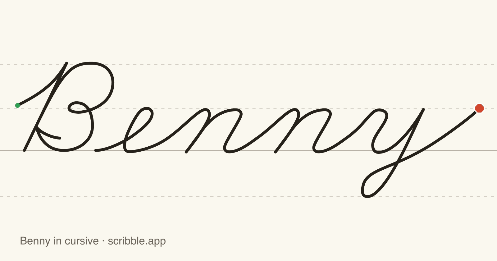 Benny written in cursive on handwriting guidelines, with a green starting dot and a red stop sign