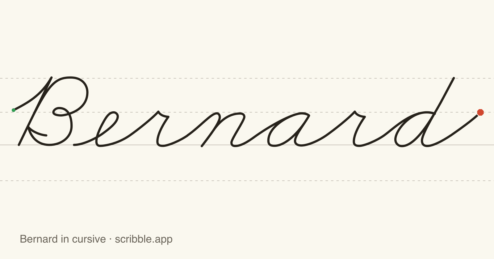 Bernard written in cursive on handwriting guidelines, with a green starting dot and a red stop sign