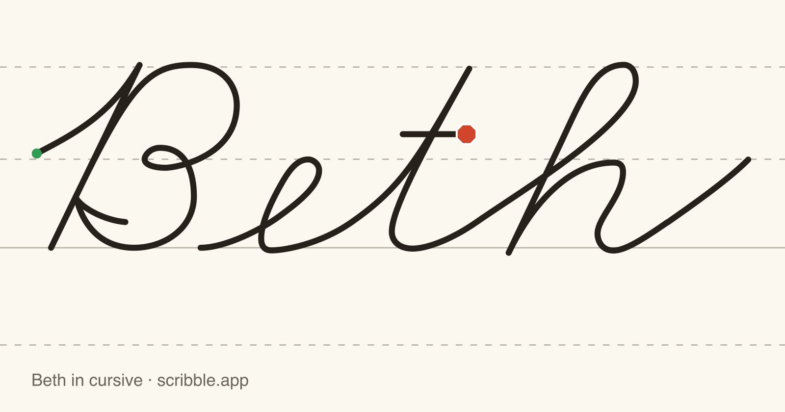 Beth written in cursive on handwriting guidelines, with a green starting dot and a red stop sign