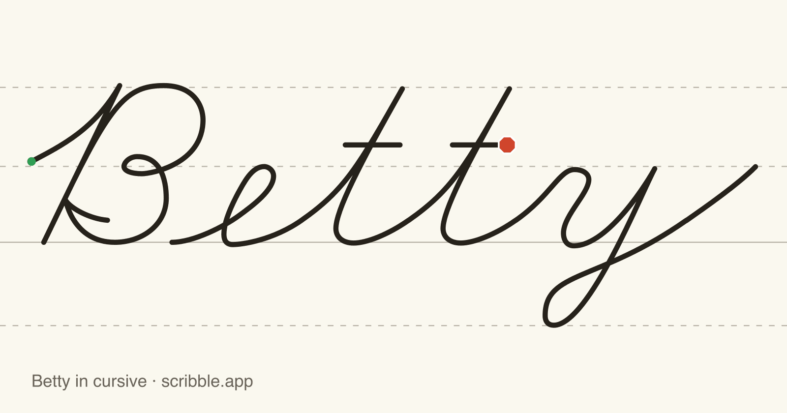 Betty written in cursive on handwriting guidelines, with a green starting dot and a red stop sign