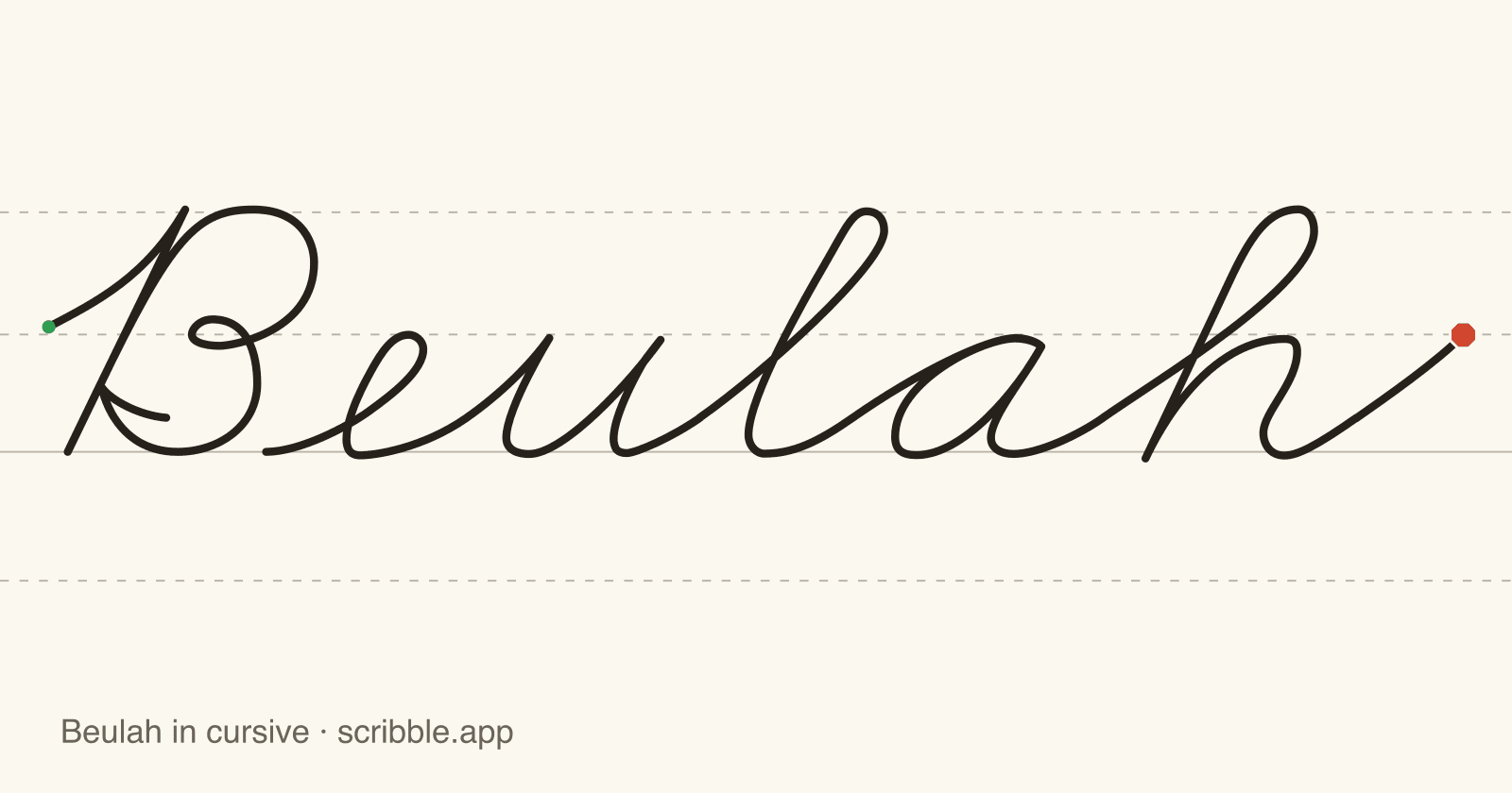 Beulah written in cursive on handwriting guidelines, with a green starting dot and a red stop sign