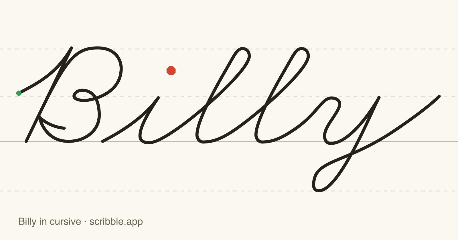 Billy written in cursive on handwriting guidelines, with a green starting dot and a red stop sign