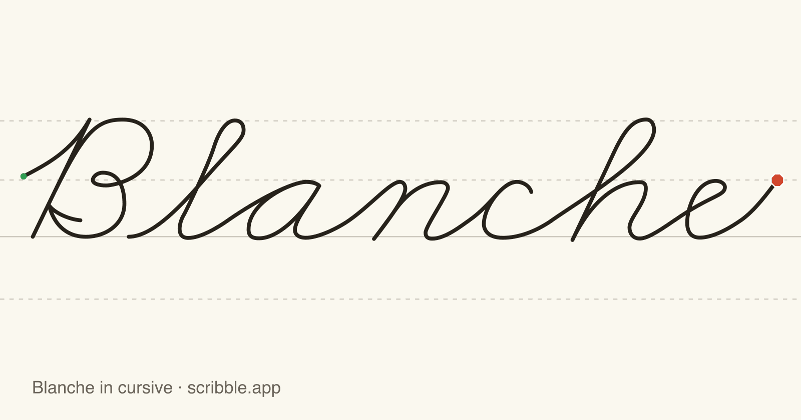 Blanche written in cursive on handwriting guidelines, with a green starting dot and a red stop sign