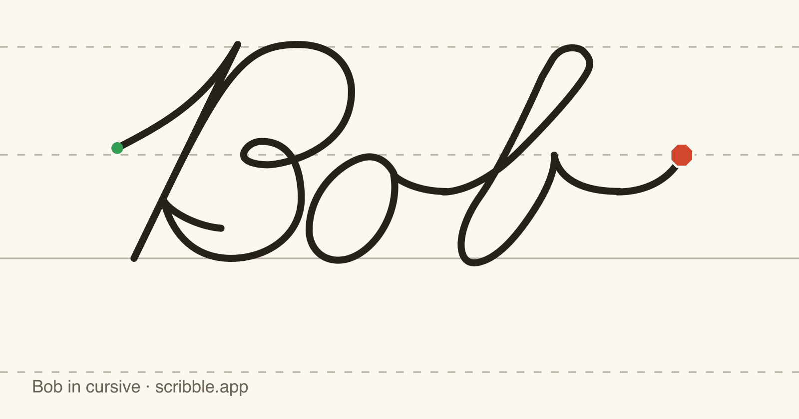 Bob written in cursive on handwriting guidelines, with a green starting dot and a red stop sign