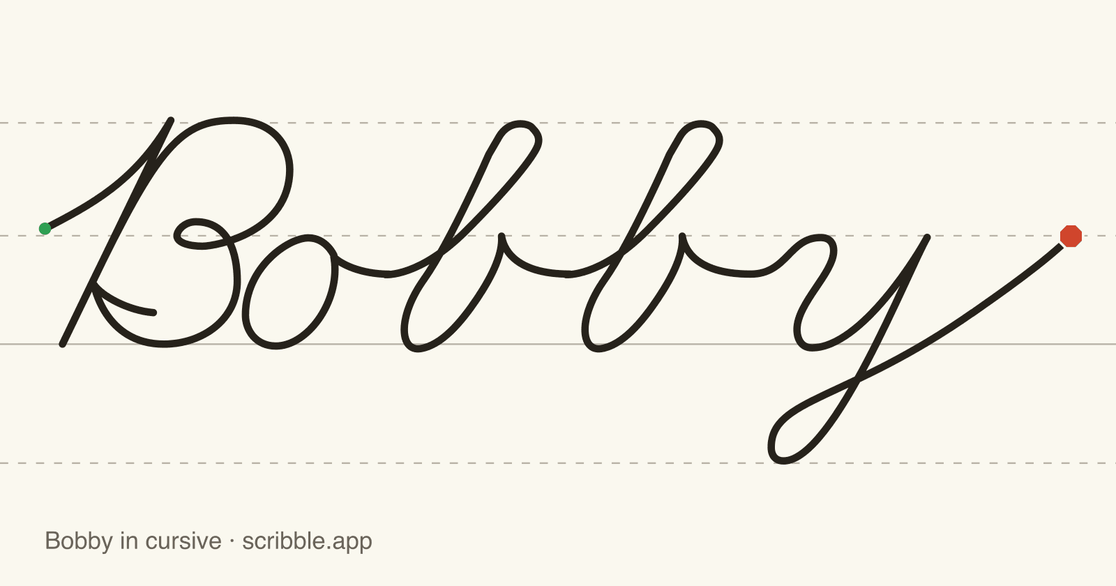 Bobby written in cursive on handwriting guidelines, with a green starting dot and a red stop sign