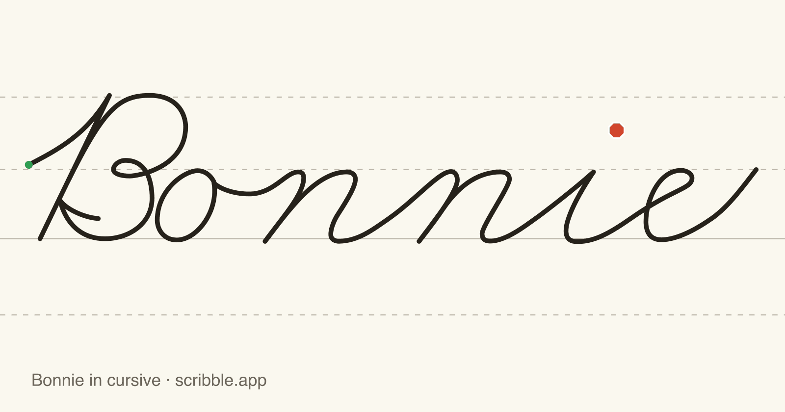Bonnie written in cursive on handwriting guidelines, with a green starting dot and a red stop sign