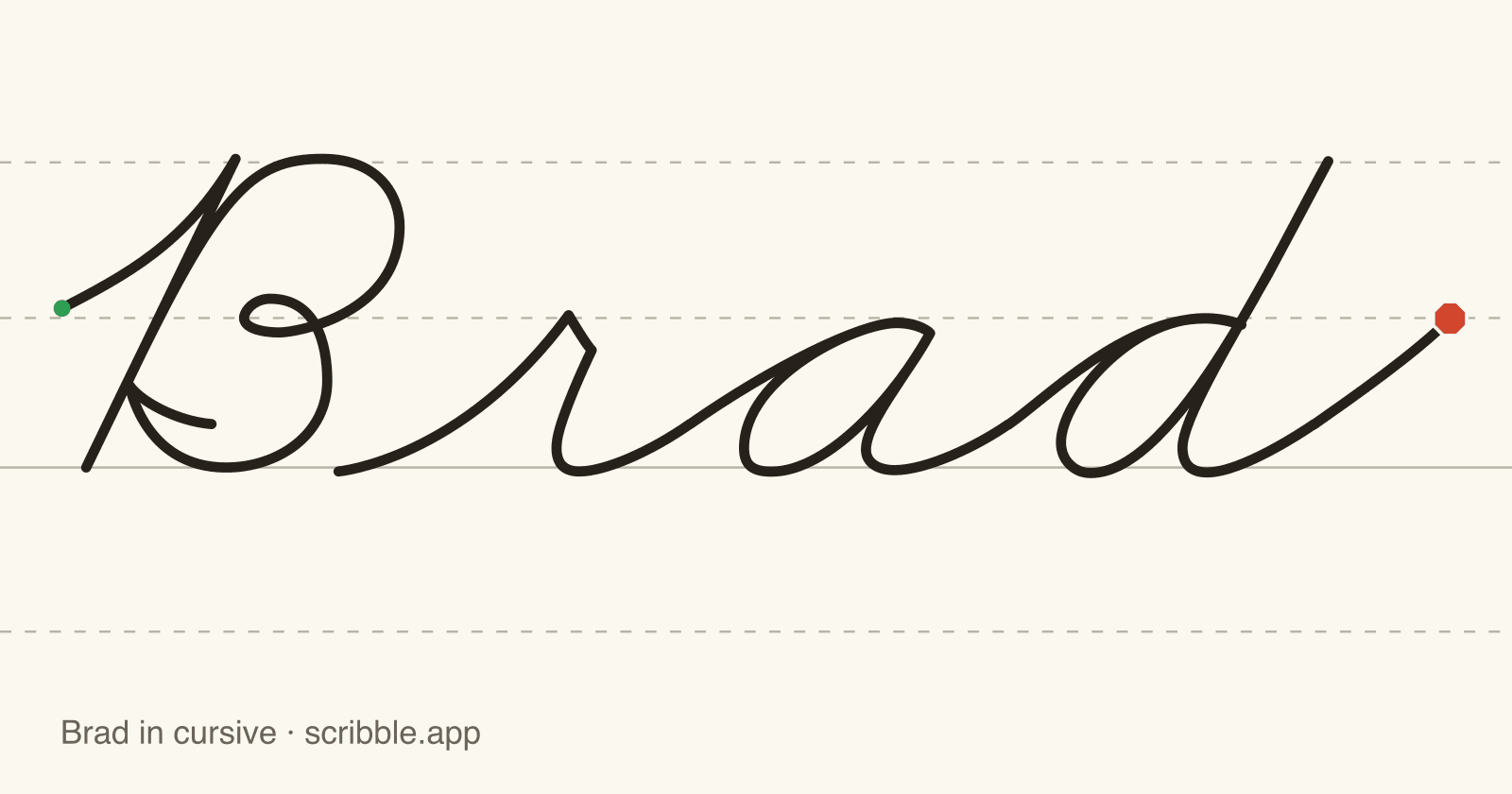 Brad written in cursive on handwriting guidelines, with a green starting dot and a red stop sign