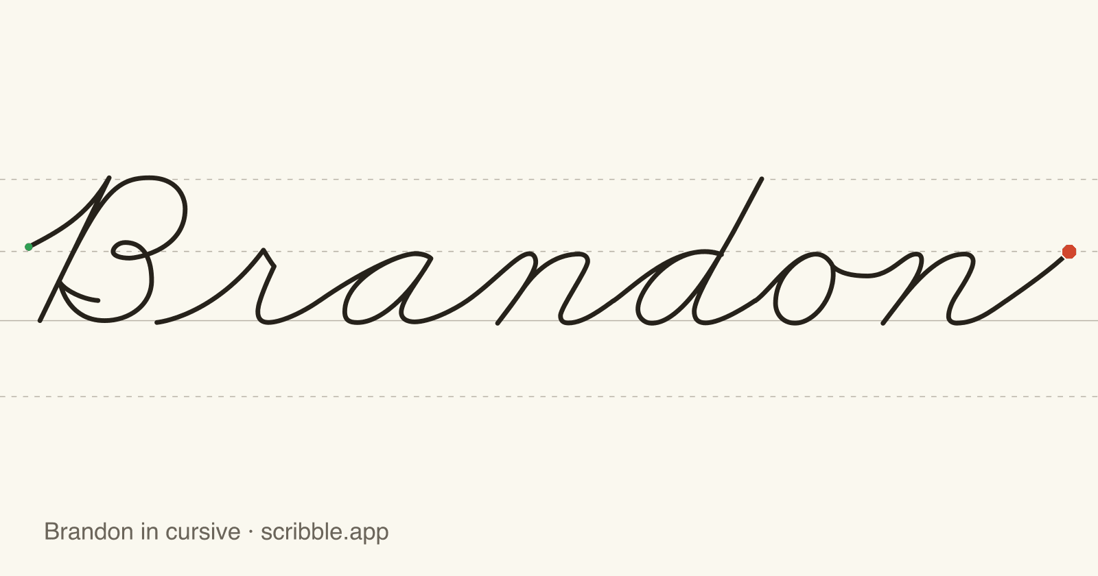 Brandon written in cursive on handwriting guidelines, with a green starting dot and a red stop sign
