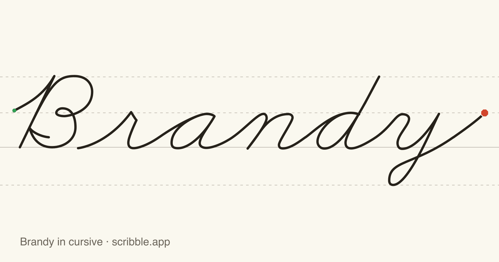 Brandy written in cursive on handwriting guidelines, with a green starting dot and a red stop sign