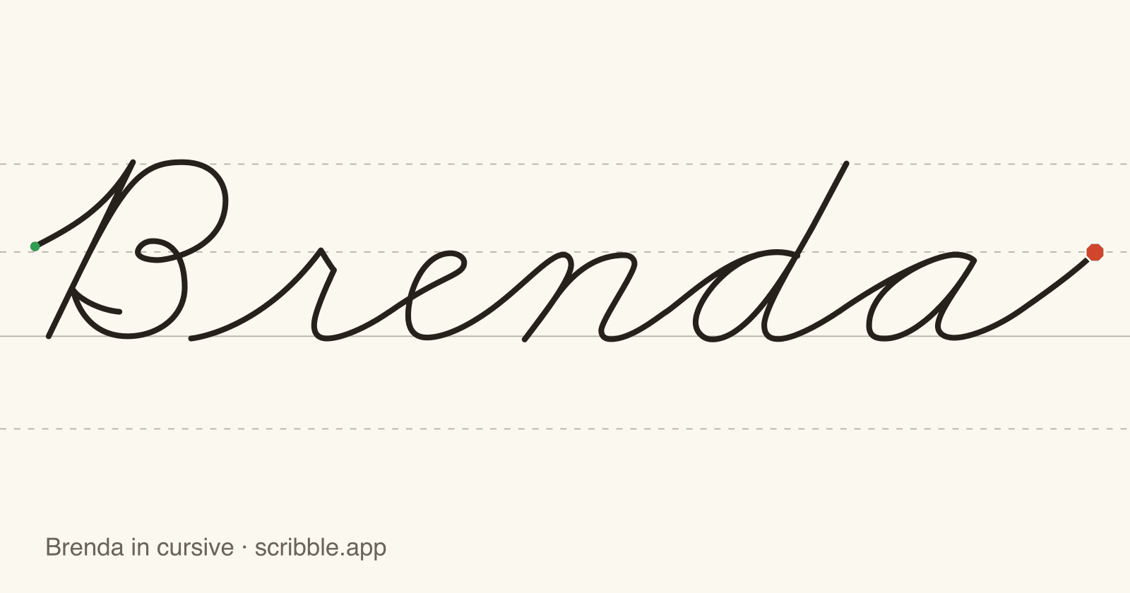 Brenda written in cursive on handwriting guidelines, with a green starting dot and a red stop sign