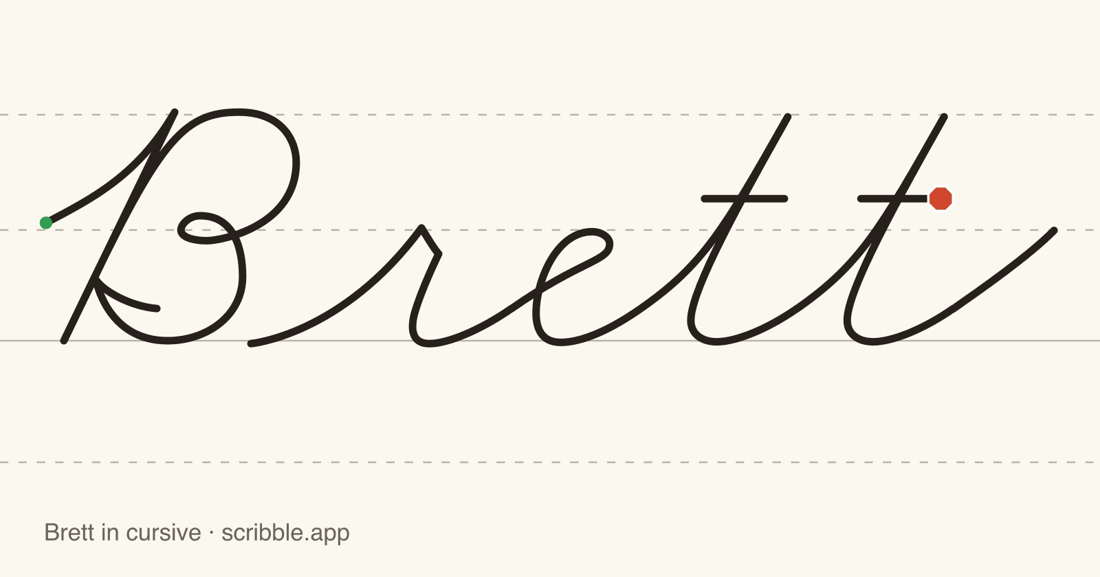 Brett written in cursive on handwriting guidelines, with a green starting dot and a red stop sign