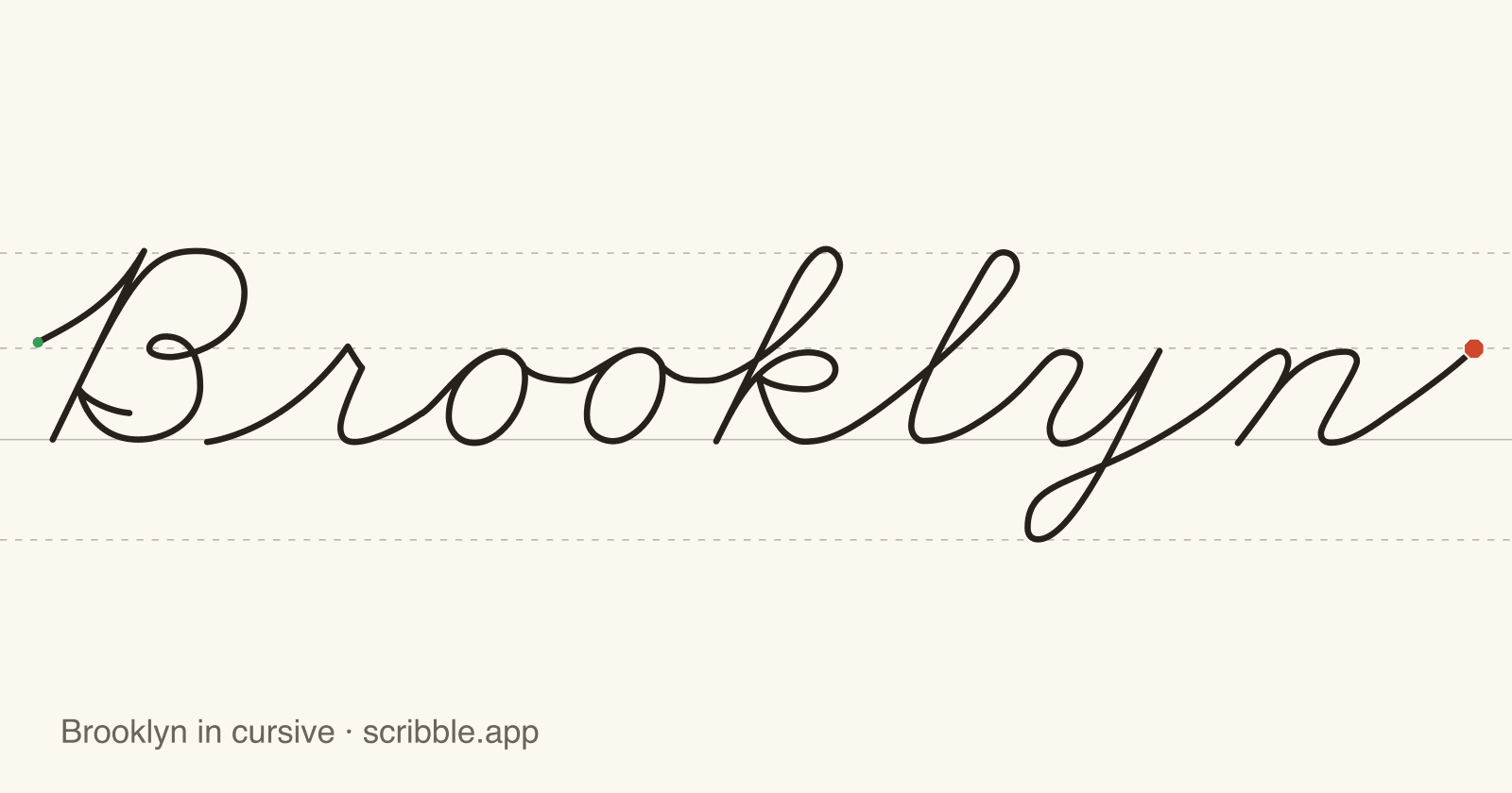 Brooklyn written in cursive on handwriting guidelines, with a green starting dot and a red stop sign