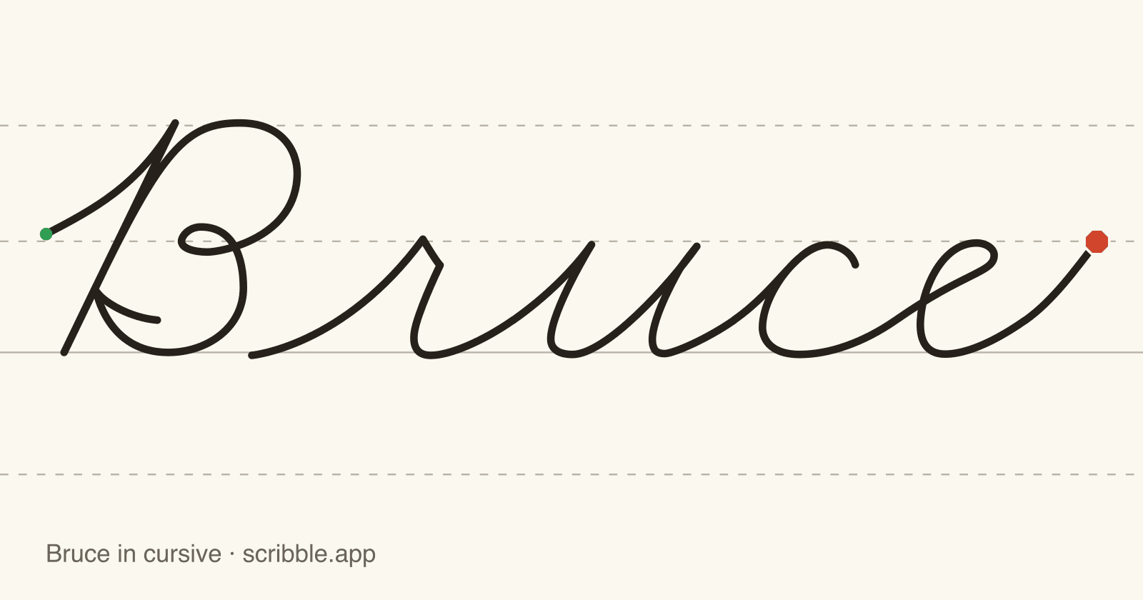 Bruce written in cursive on handwriting guidelines, with a green starting dot and a red stop sign