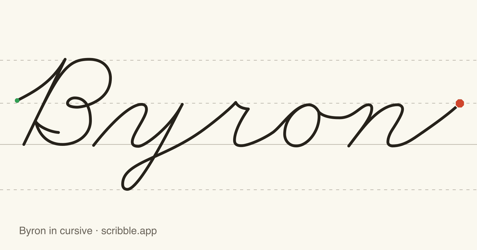 Byron written in cursive on handwriting guidelines, with a green starting dot and a red stop sign