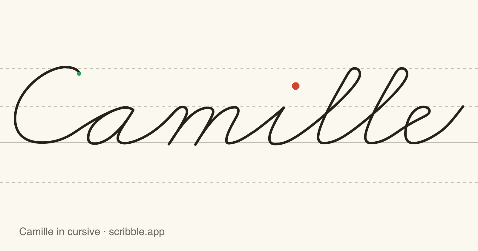 Camille written in cursive on handwriting guidelines, with a green starting dot and a red stop sign