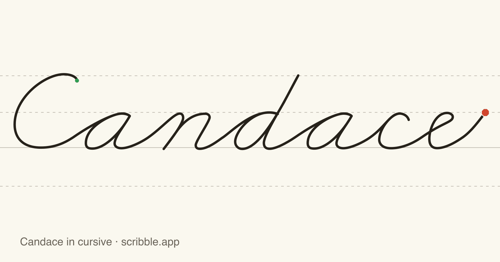 Candace written in cursive on handwriting guidelines, with a green starting dot and a red stop sign