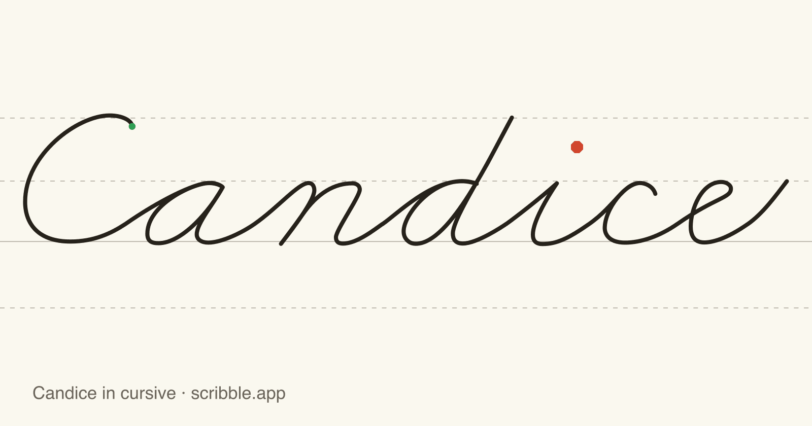 Candice written in cursive on handwriting guidelines, with a green starting dot and a red stop sign