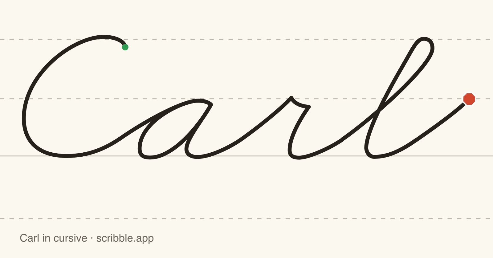 Carl written in cursive on handwriting guidelines, with a green starting dot and a red stop sign