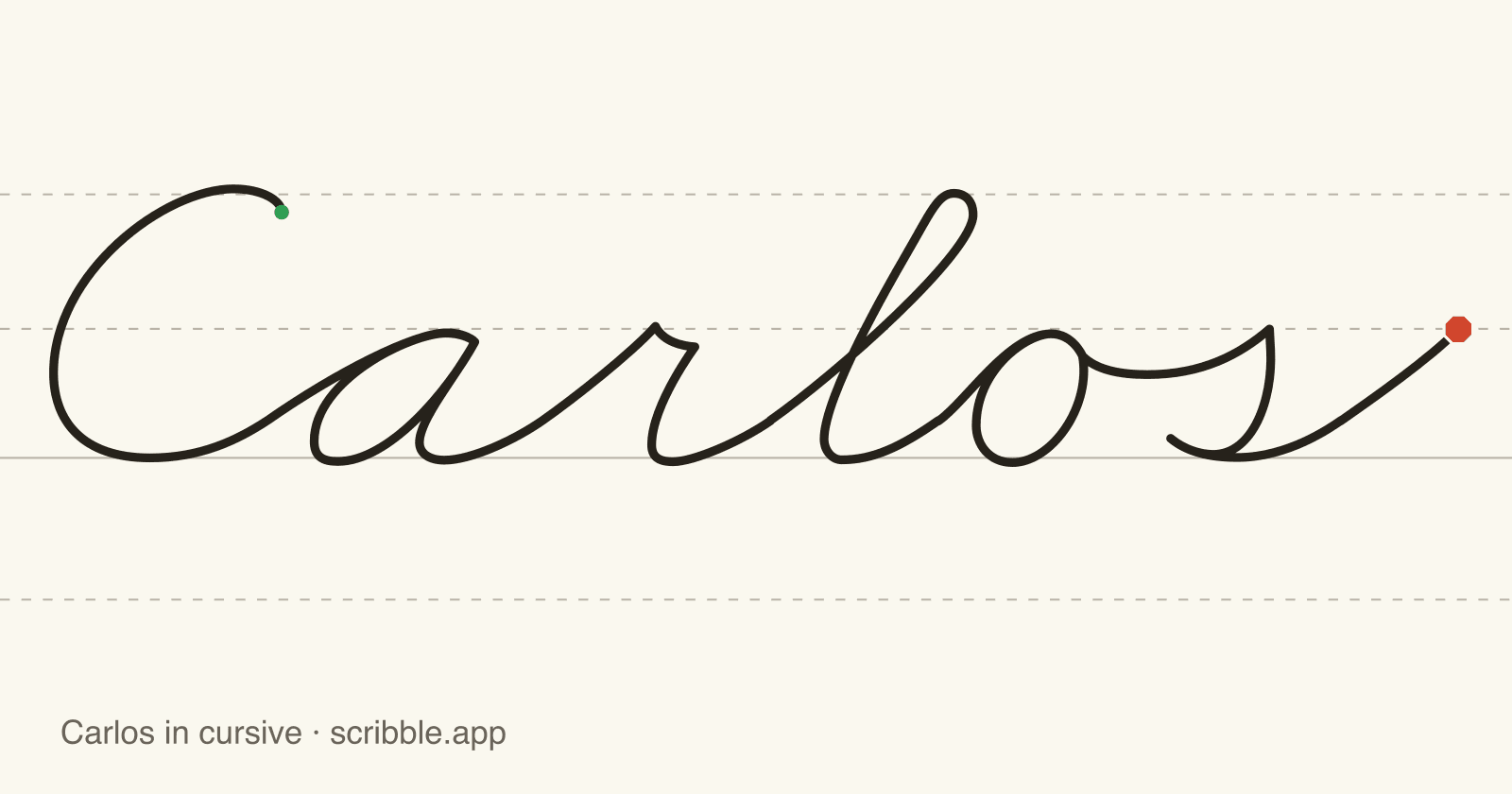 Carlos written in cursive on handwriting guidelines, with a green starting dot and a red stop sign