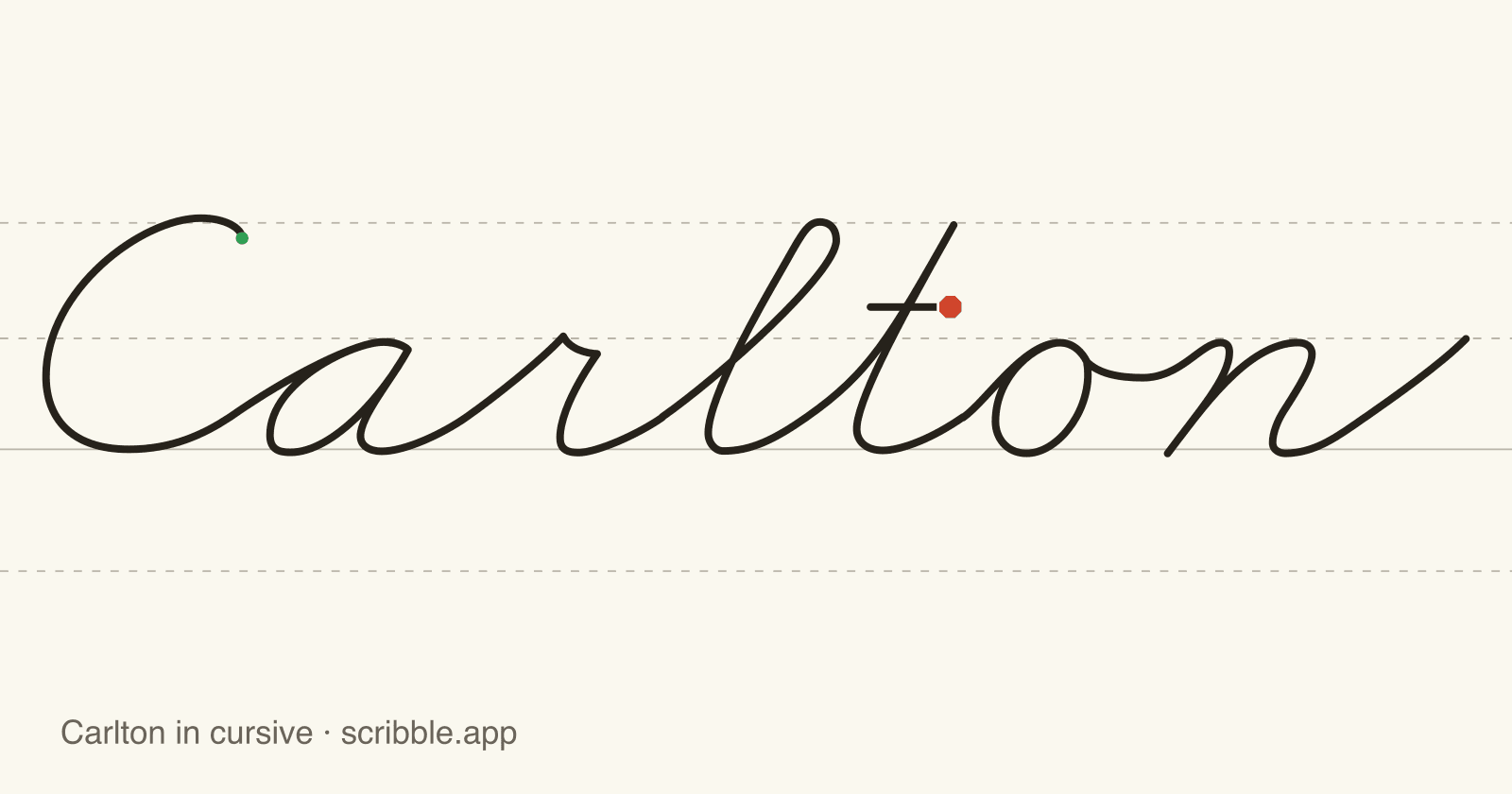 Carlton written in cursive on handwriting guidelines, with a green starting dot and a red stop sign