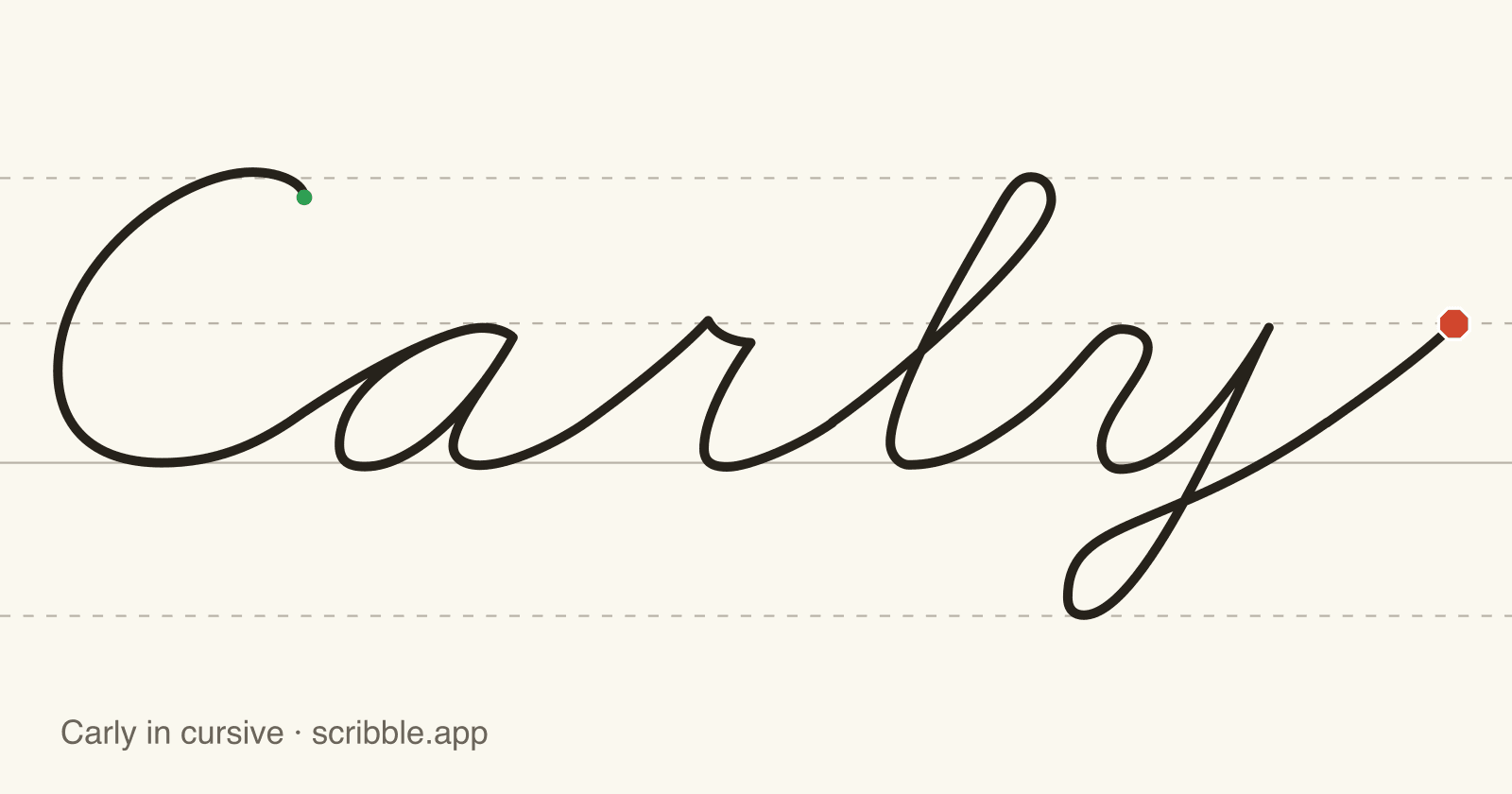 Carly written in cursive on handwriting guidelines, with a green starting dot and a red stop sign