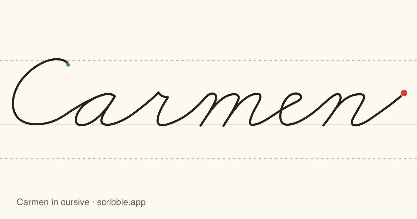 Carmen written in cursive on handwriting guidelines, with a green starting dot and a red stop sign