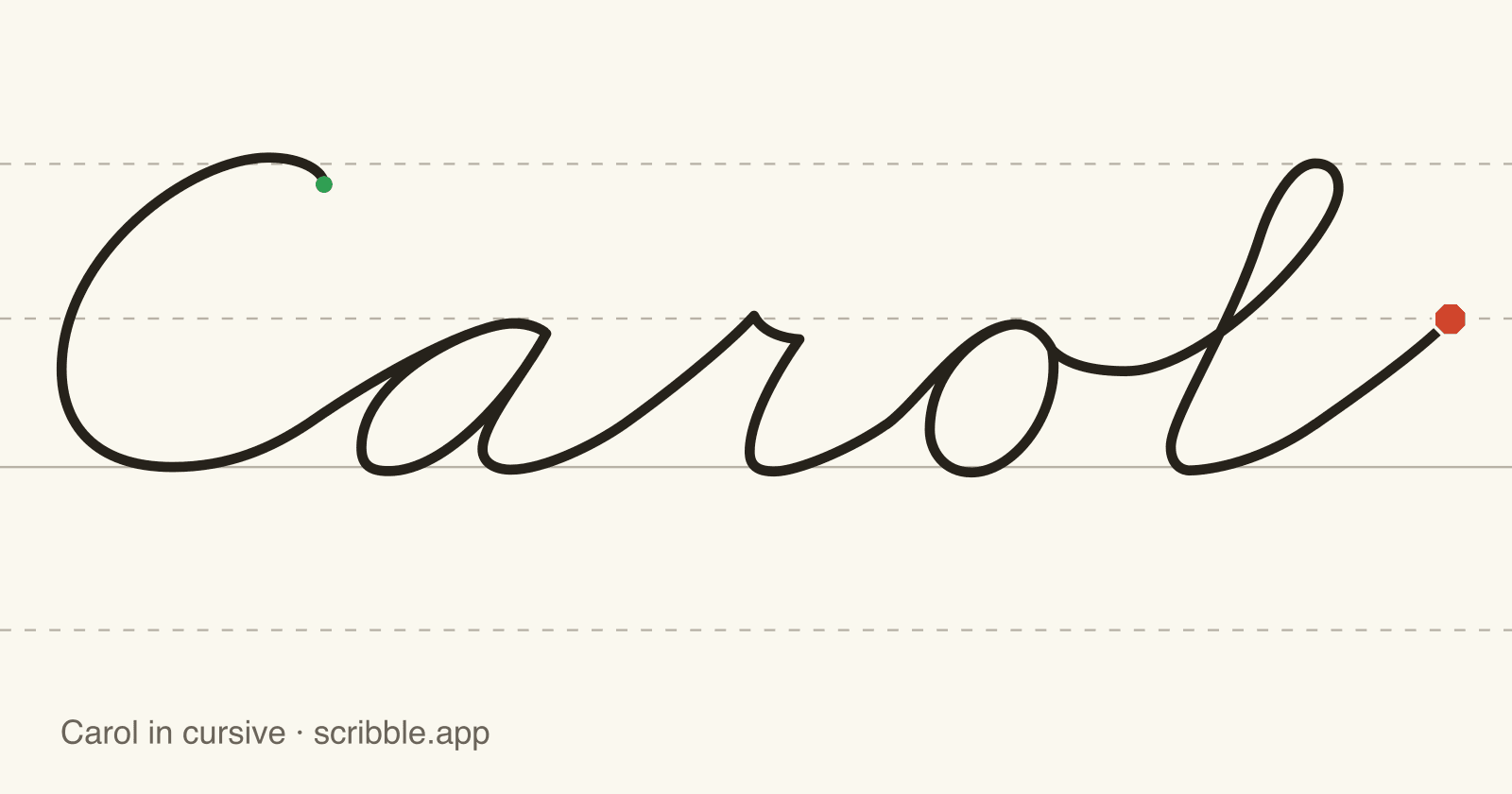 Carol written in cursive on handwriting guidelines, with a green starting dot and a red stop sign