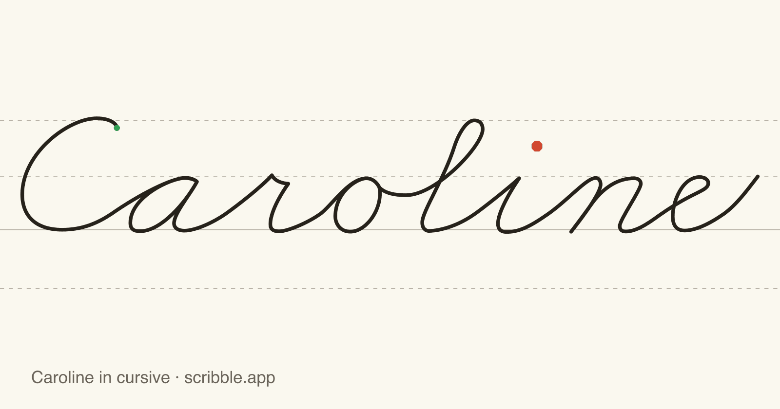 Caroline written in cursive on handwriting guidelines, with a green starting dot and a red stop sign