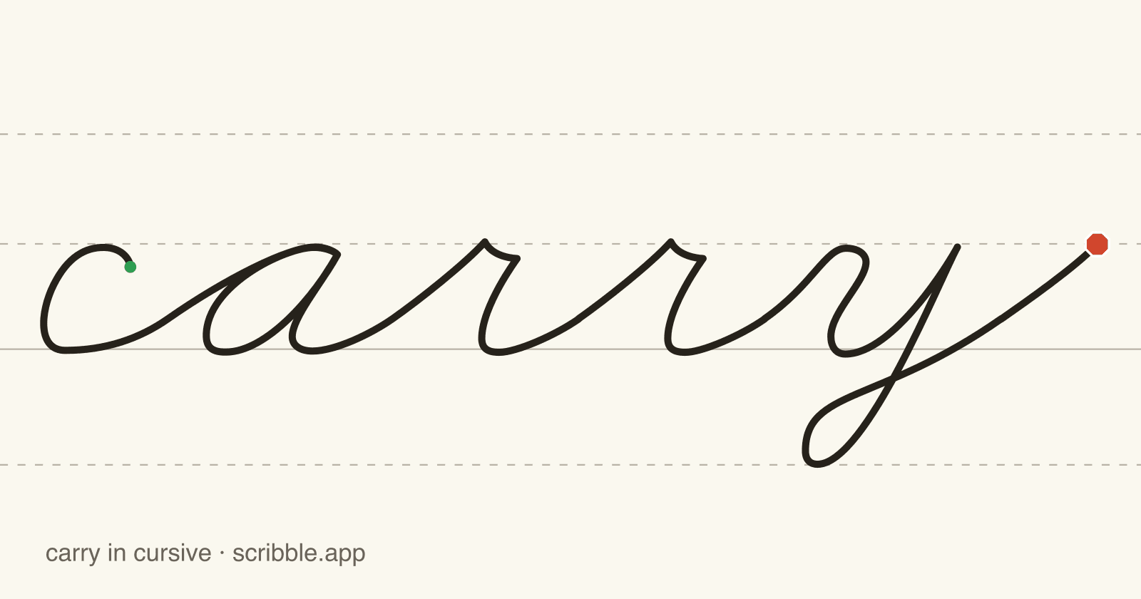 carry written in cursive on handwriting guidelines, with a green starting dot and a red stop sign