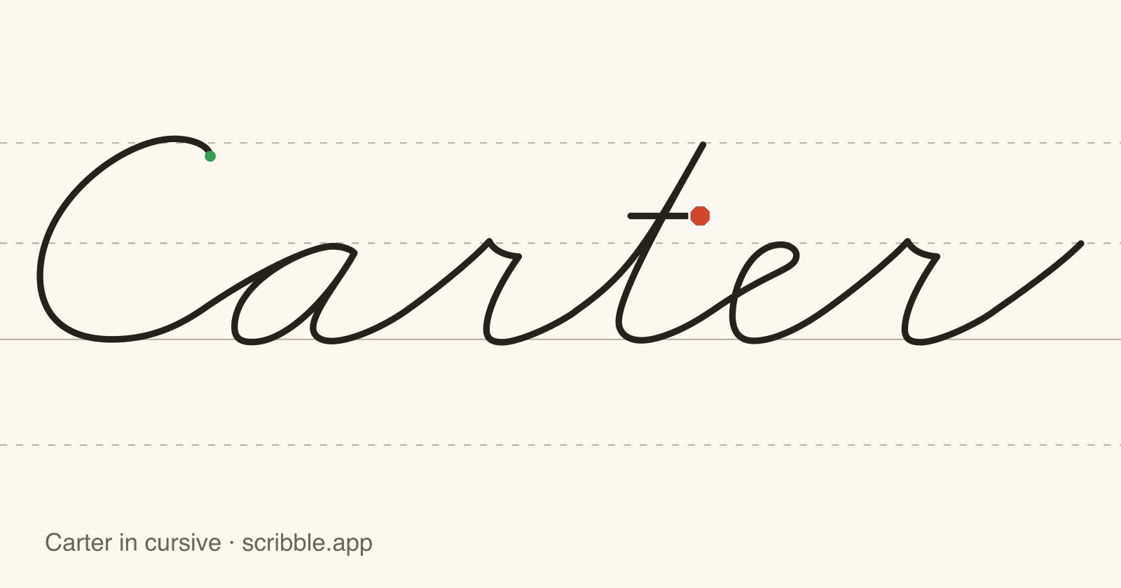 Carter written in cursive on handwriting guidelines, with a green starting dot and a red stop sign