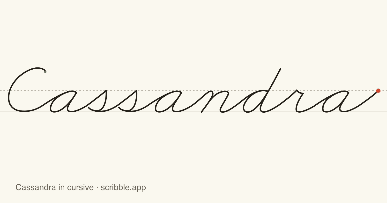 Cassandra written in cursive on handwriting guidelines, with a green starting dot and a red stop sign