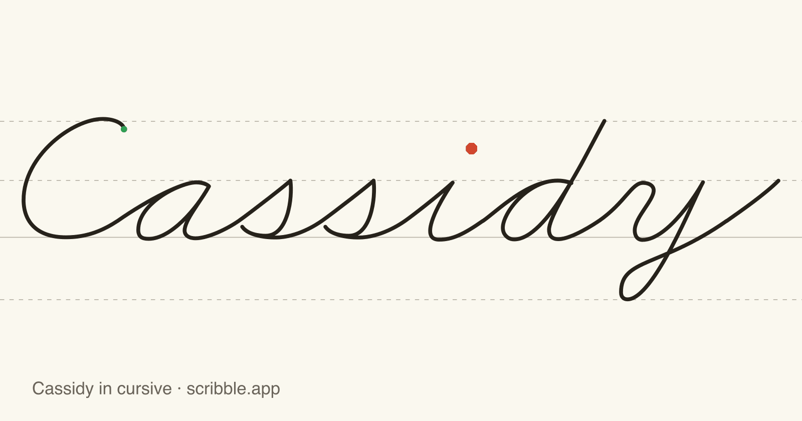 Cassidy written in cursive on handwriting guidelines, with a green starting dot and a red stop sign