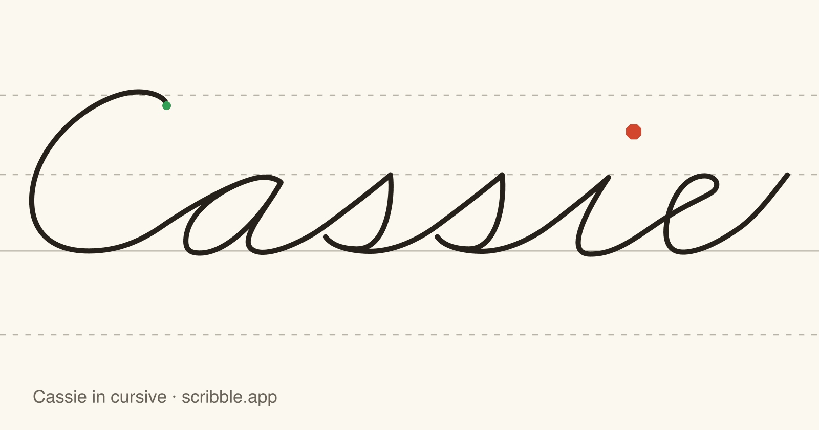 Cassie written in cursive on handwriting guidelines, with a green starting dot and a red stop sign