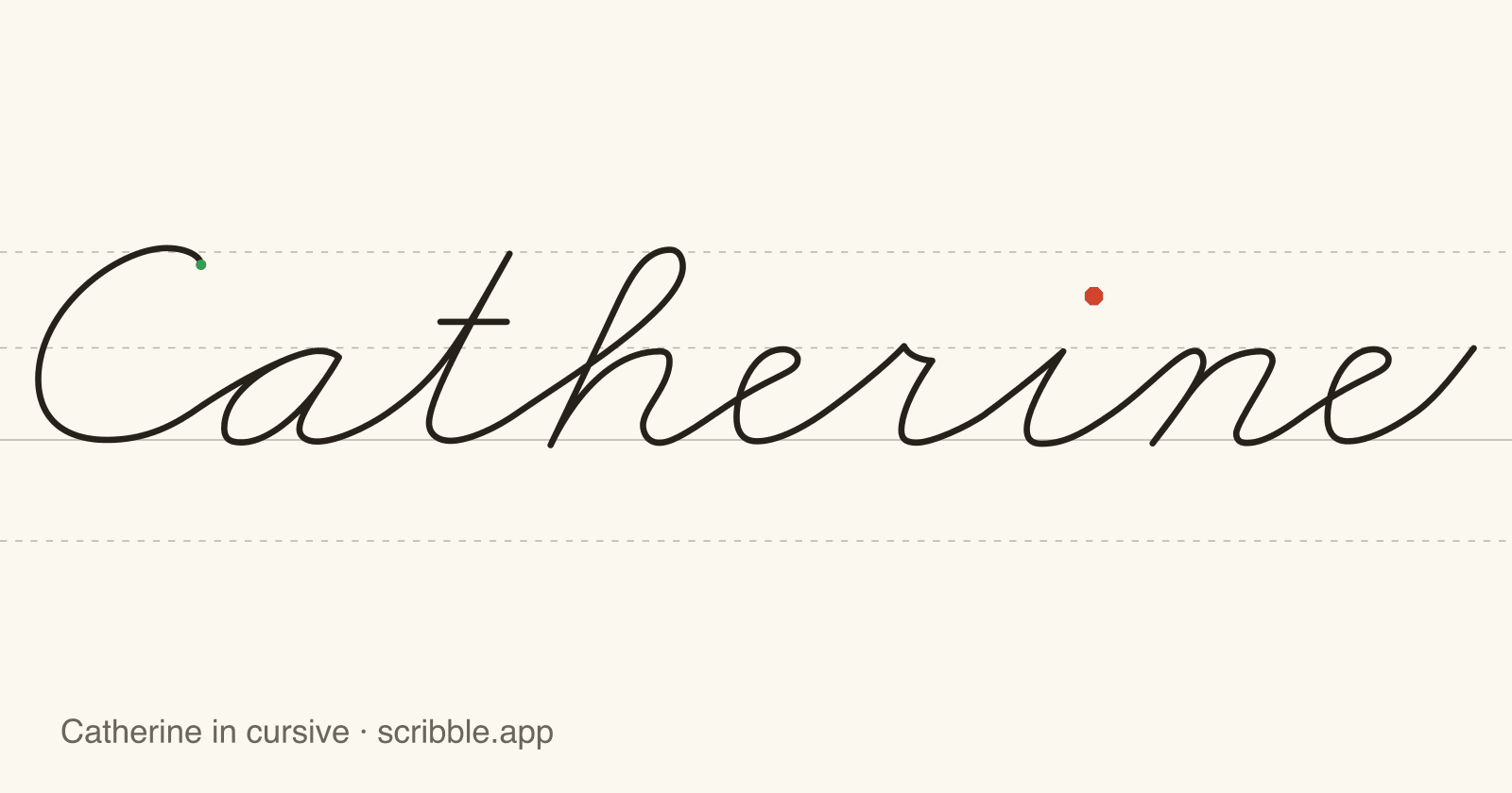 Catherine written in cursive on handwriting guidelines, with a green starting dot and a red stop sign