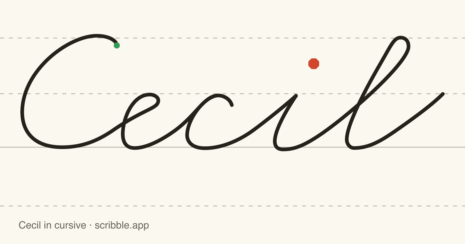 Cecil written in cursive on handwriting guidelines, with a green starting dot and a red stop sign