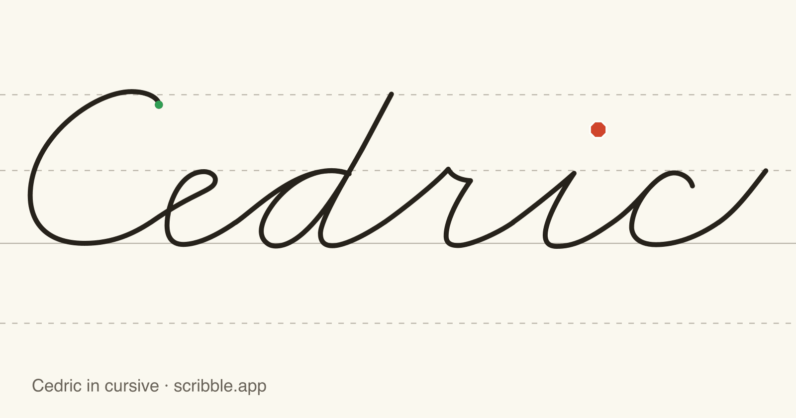 Cedric written in cursive on handwriting guidelines, with a green starting dot and a red stop sign