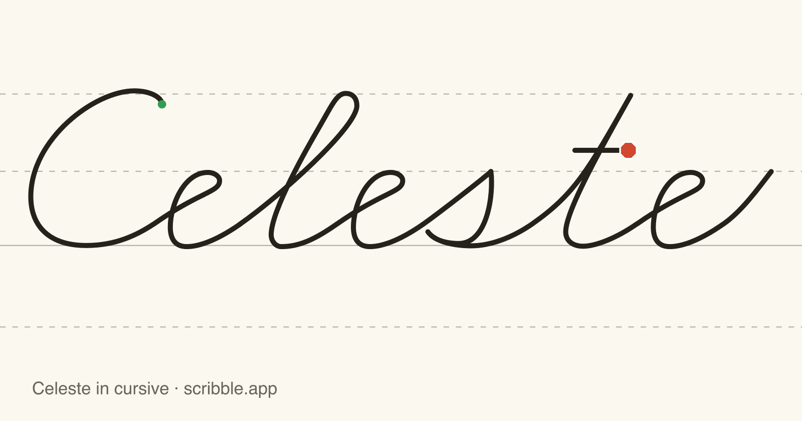 Celeste written in cursive on handwriting guidelines, with a green starting dot and a red stop sign