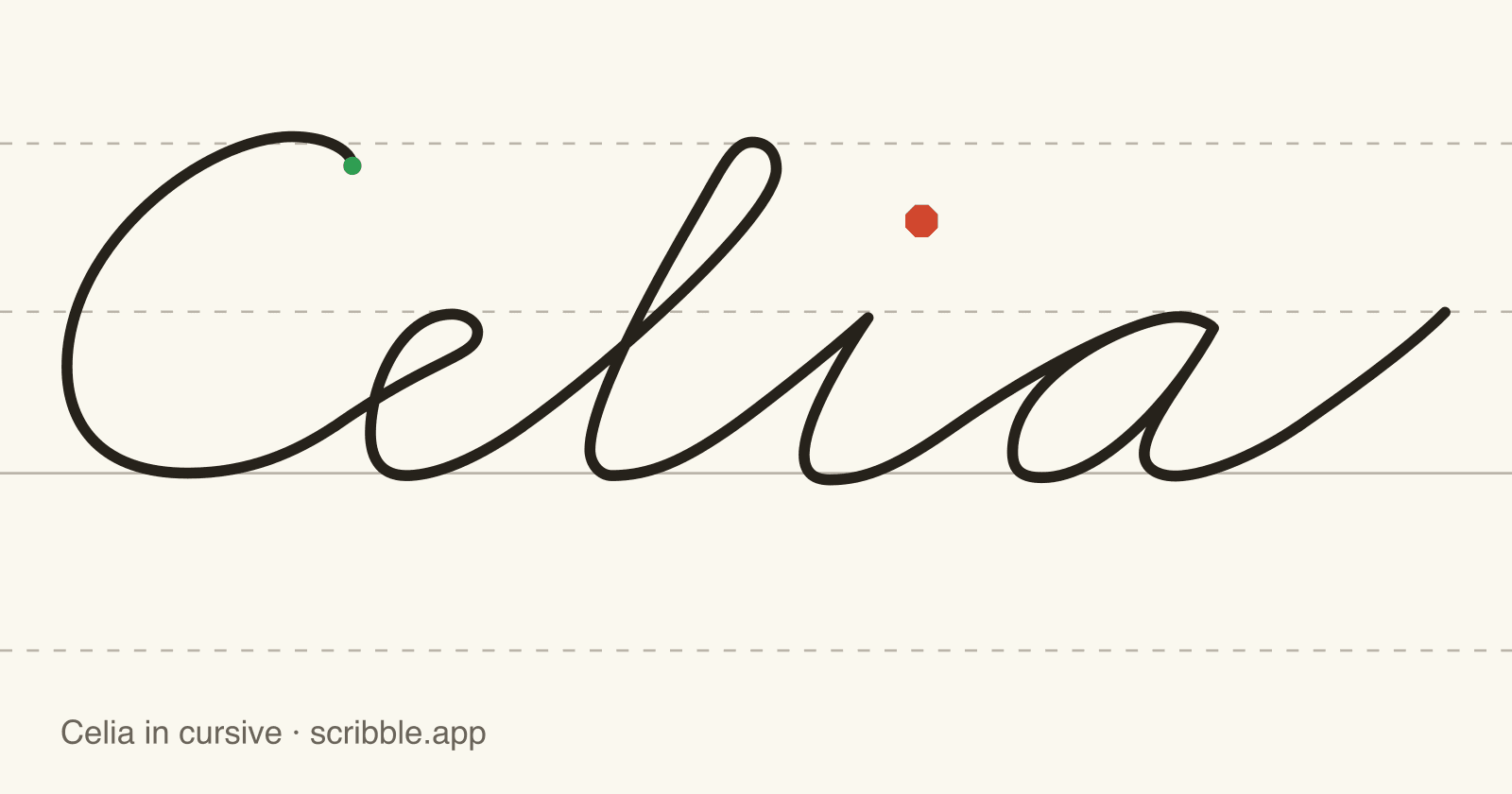 Celia written in cursive on handwriting guidelines, with a green starting dot and a red stop sign