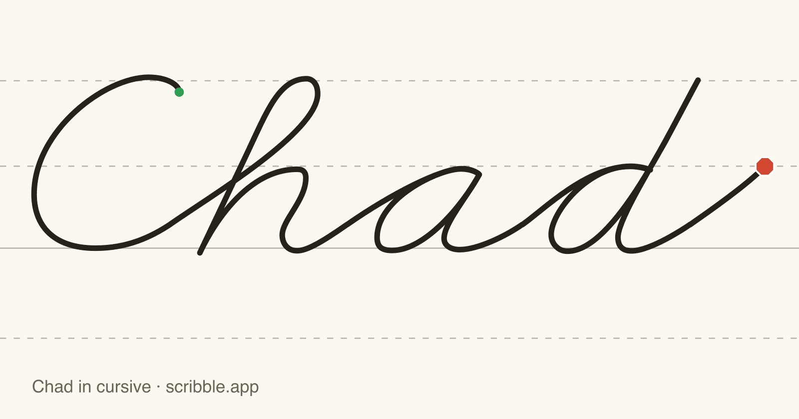 Chad written in cursive on handwriting guidelines, with a green starting dot and a red stop sign