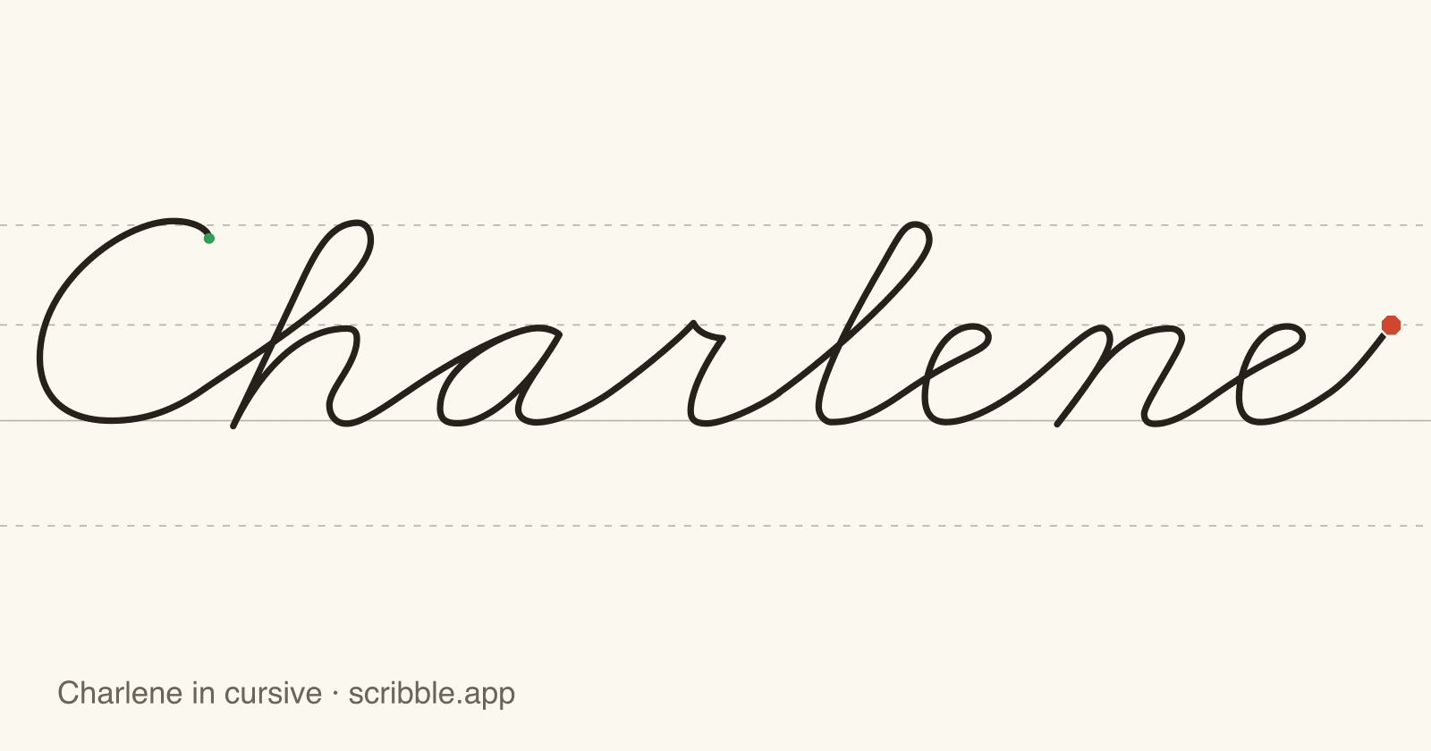 Charlene written in cursive on handwriting guidelines, with a green starting dot and a red stop sign