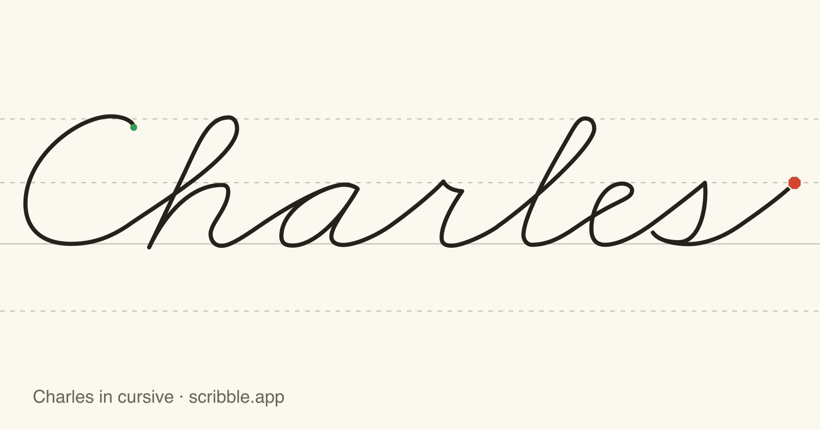 Charles written in cursive on handwriting guidelines, with a green starting dot and a red stop sign