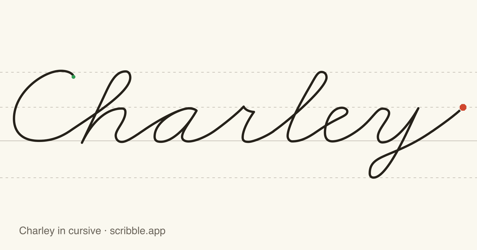 Charley written in cursive on handwriting guidelines, with a green starting dot and a red stop sign