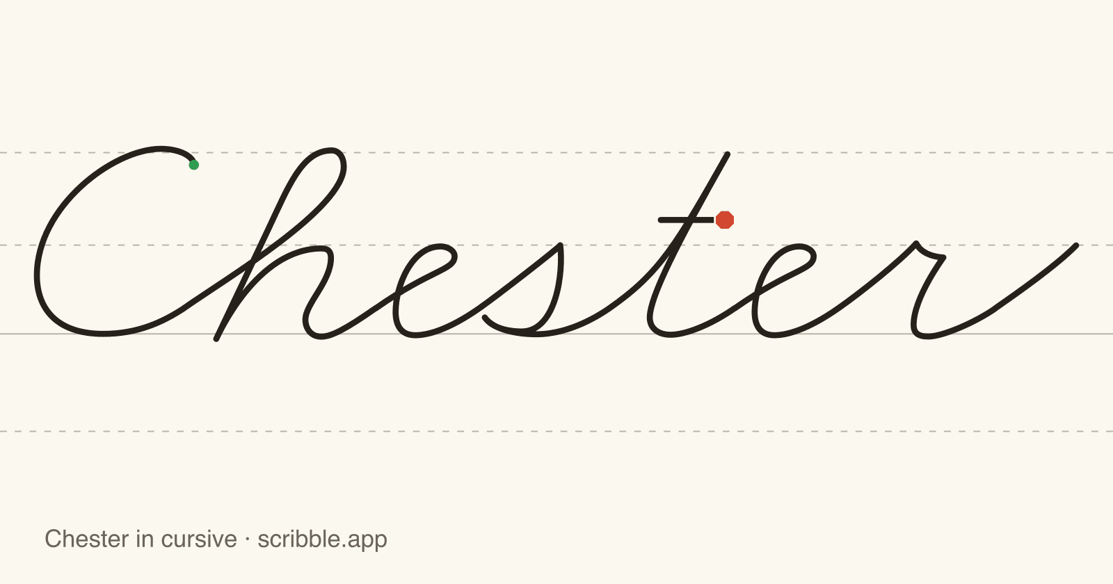 Chester written in cursive on handwriting guidelines, with a green starting dot and a red stop sign