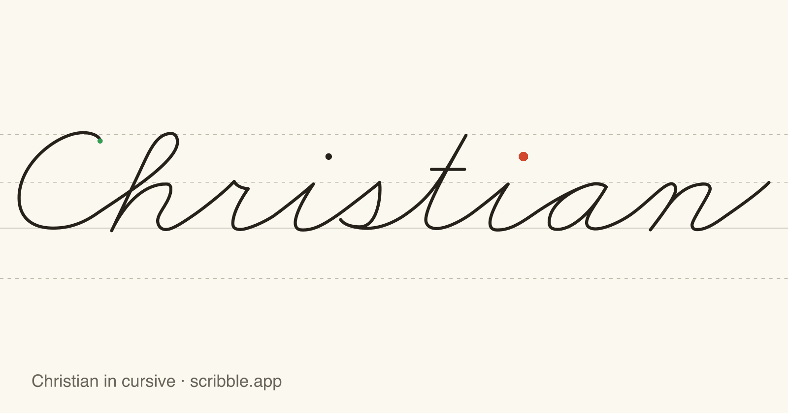 Christian written in cursive on handwriting guidelines, with a green starting dot and a red stop sign
