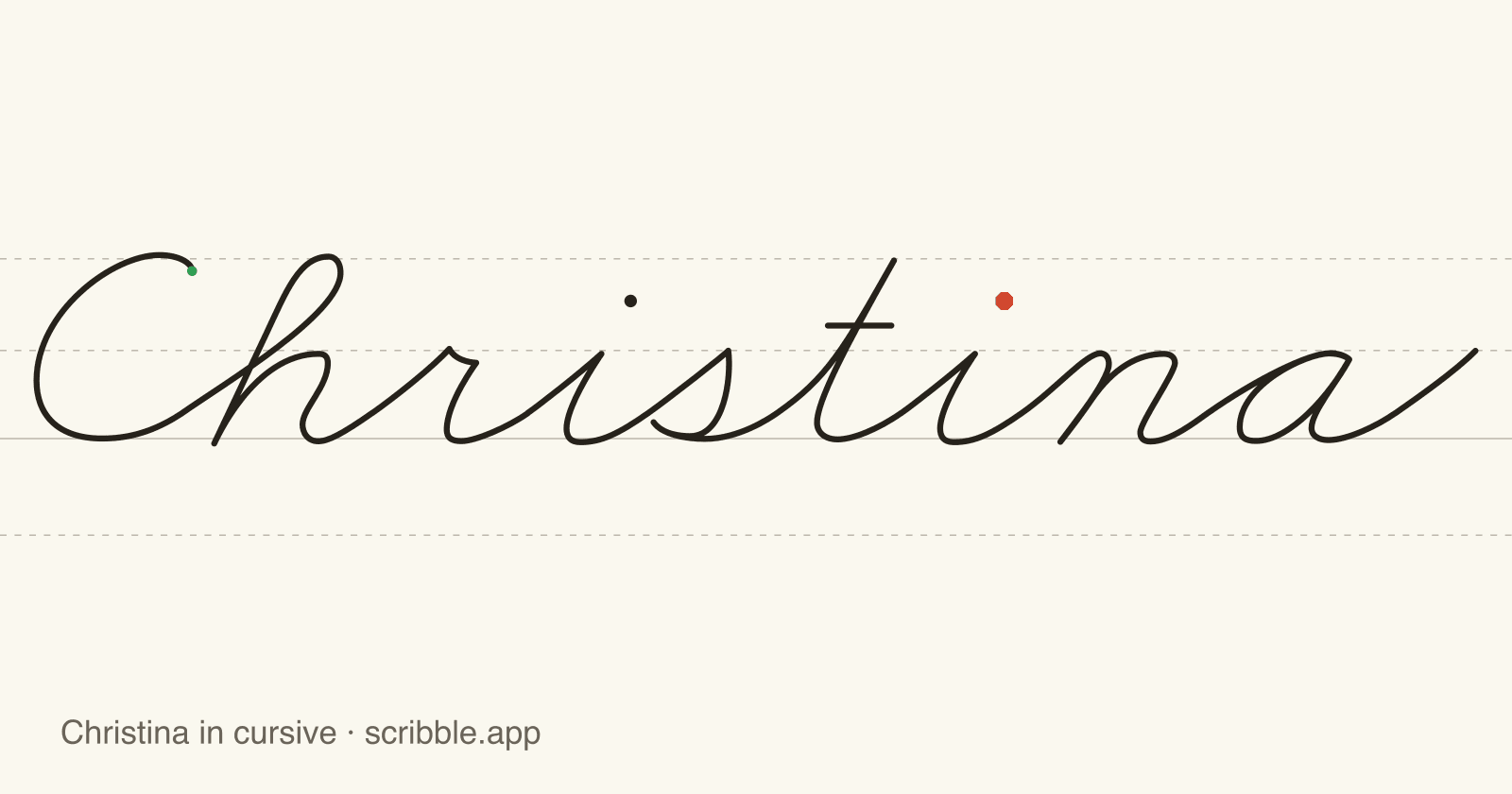 Christina written in cursive on handwriting guidelines, with a green starting dot and a red stop sign